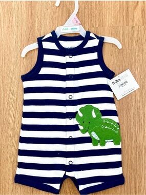 Child of Mine Baby Dinosaur Striped Romper 0-3M Sleeveless Blue White NWT